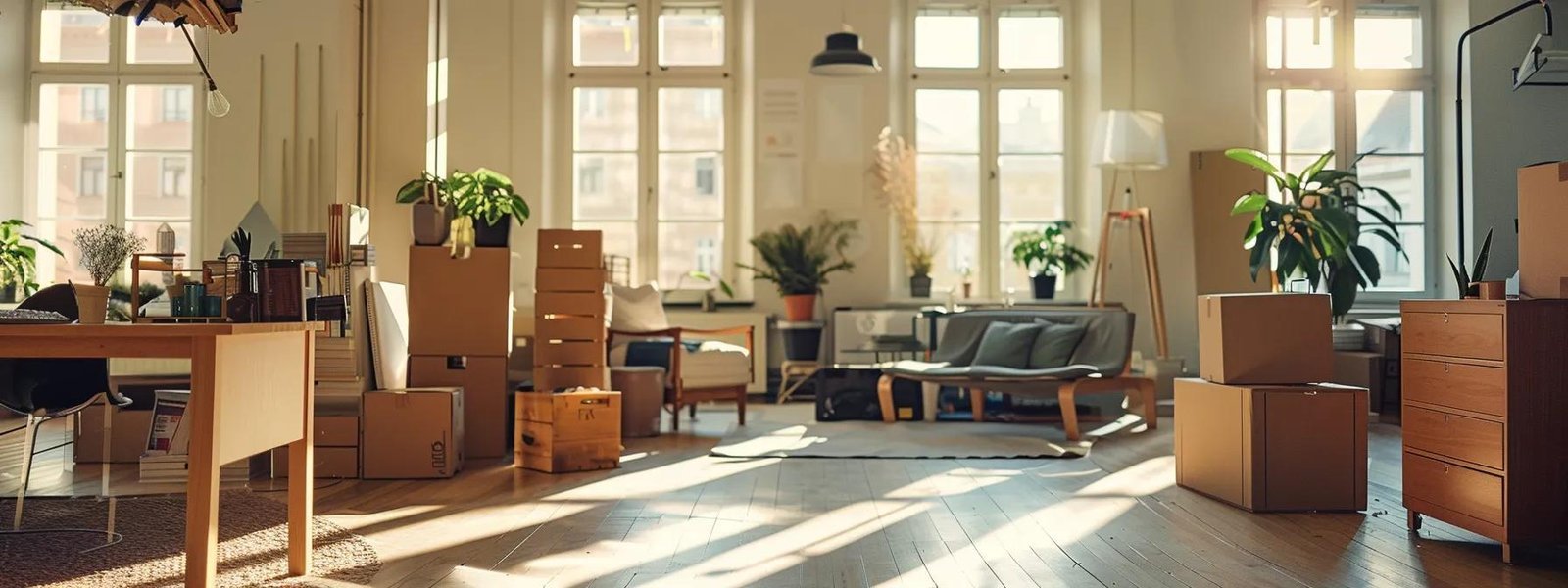 a bustling urban moving service in action, featuring professional movers efficiently packing a stylish apartment while a detailed checklist is prominently displayed on a nearby table, emphasizing the organized chaos of city relocation.