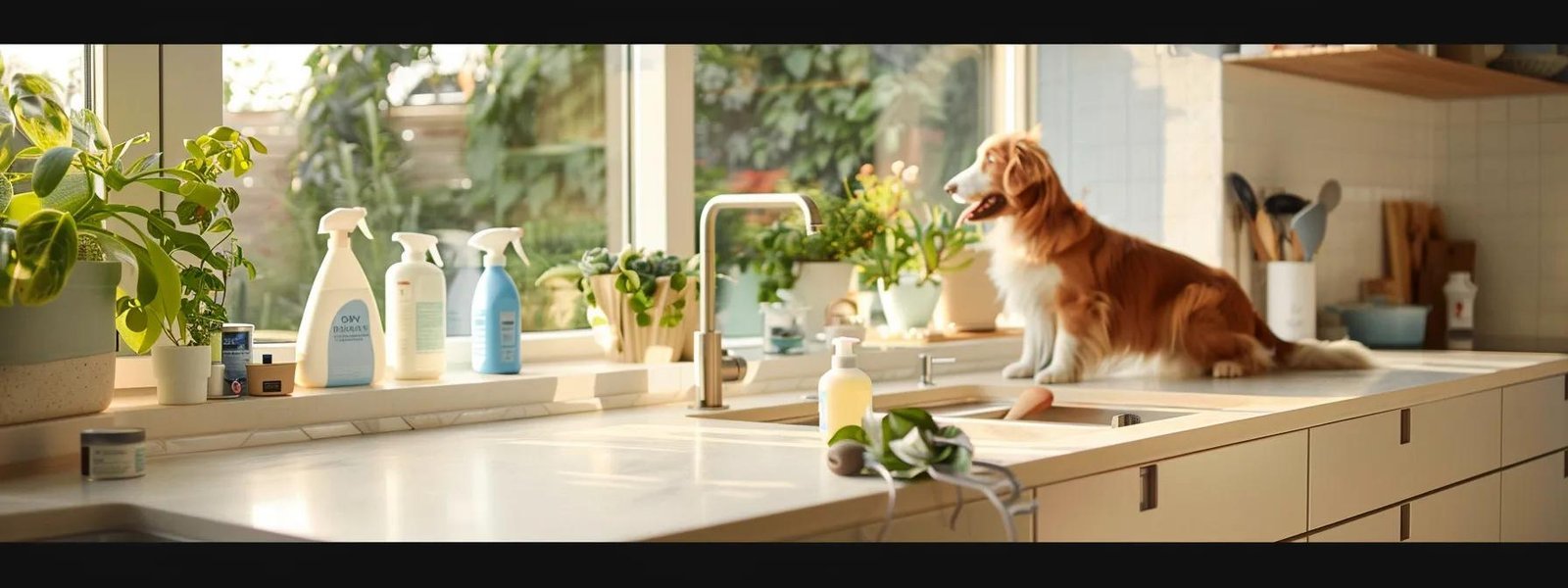 a brightly lit, modern kitchen showcases eco-friendly cleaning products on a countertop, while a playful dog and a curious cat explore their clean surroundings, emphasizing safe cleaning practices for households with pets.